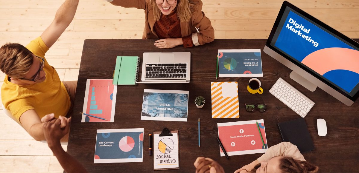 marketing team reviewing content strategy