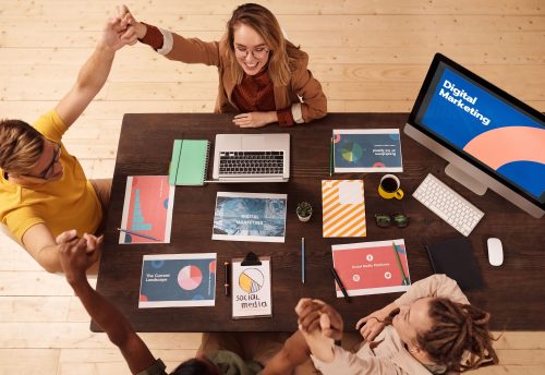 marketing team reviewing content strategy