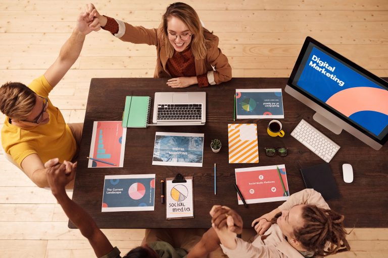 marketing team reviewing content strategy